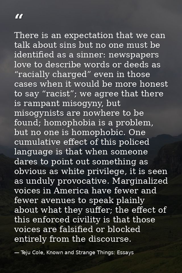 There is an expectation that we can talk about sins but no one must be identified as a sinner: newspapers love to descri — Teju Cole, Known and Strange Things: Essays