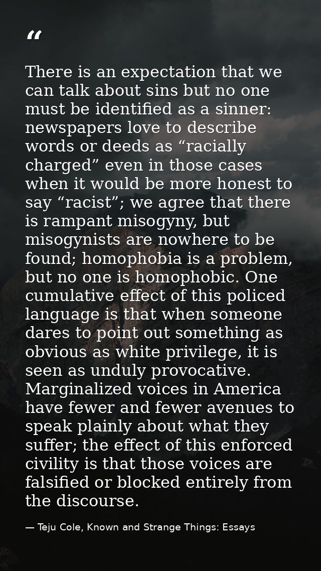 There is an expectation that we can talk about sins but no one must be identified as a sinner: newspapers love to descri — Teju Cole, Known and Strange Things: Essays