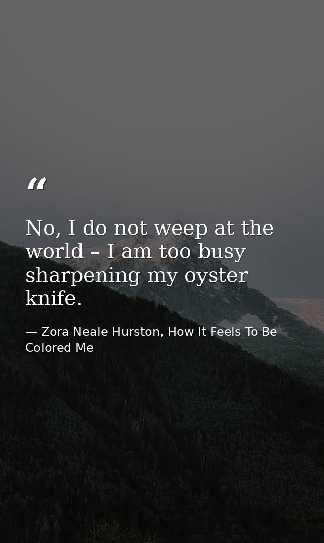 No, I do not weep at the world – I am too busy sharpening my oyster knife. — Zora Neale Hurston, How It Feels To Be Colored Me