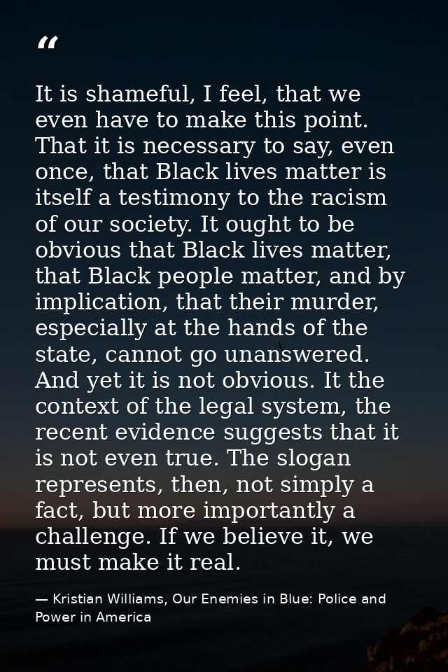 It is shameful, I feel, that we even have to make this point. That it is necessary to say, even once, that Black lives m — Kristian Williams, Our Enemies in Blue: Police and Power in America