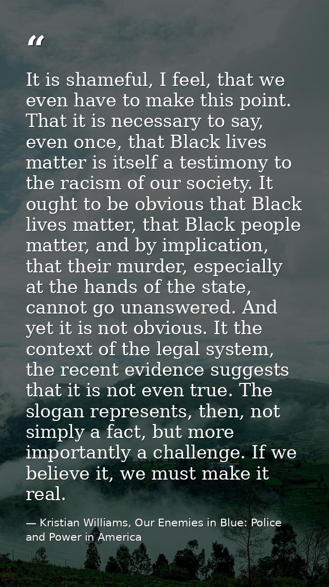 It is shameful, I feel, that we even have to make this point. That it is necessary to say, even once, that Black lives m — Kristian Williams, Our Enemies in Blue: Police and Power in America