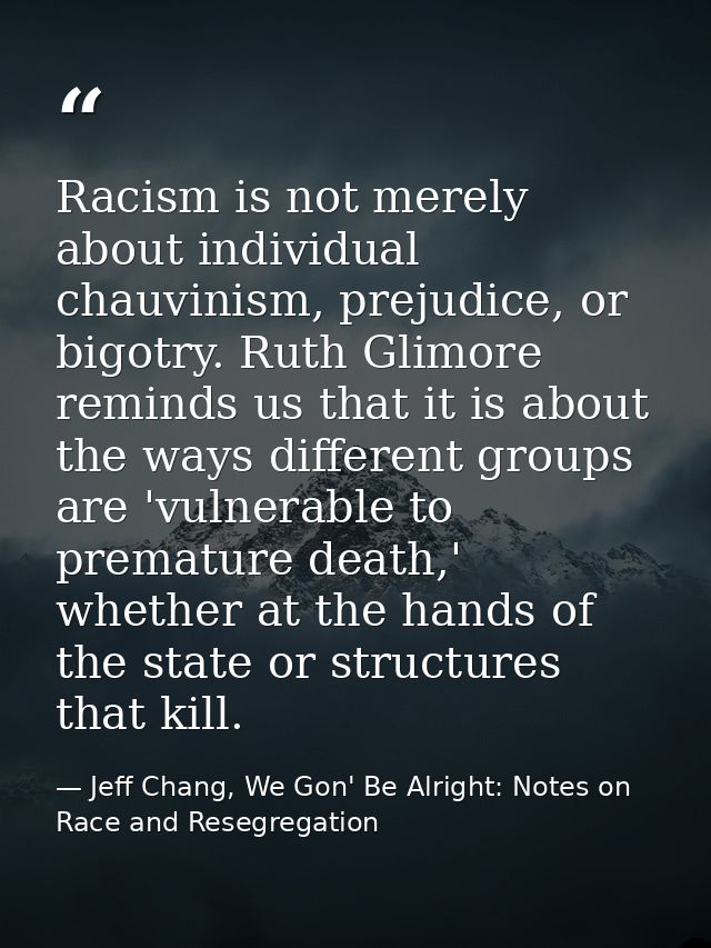 Racism is not merely about individual chauvinism, prejudice, or bigotry. Ruth Glimore reminds us that it is about the wa — Jeff Chang, We Gon' Be Alright: Notes on Race and Resegregation