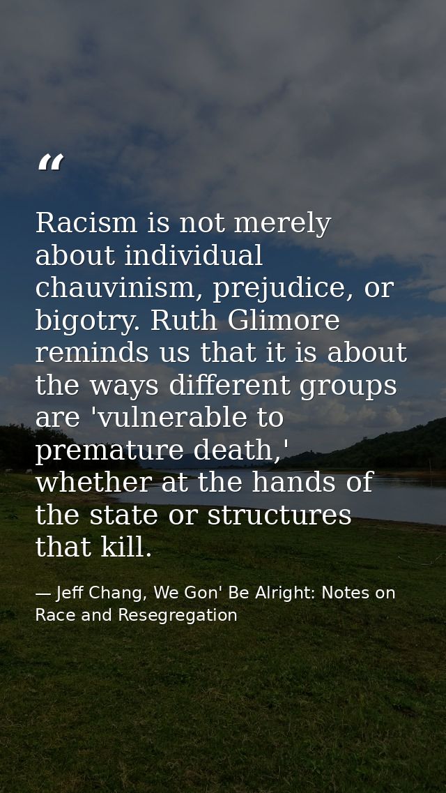 Racism is not merely about individual chauvinism, prejudice, or bigotry. Ruth Glimore reminds us that it is about the wa — Jeff Chang, We Gon' Be Alright: Notes on Race and Resegregation