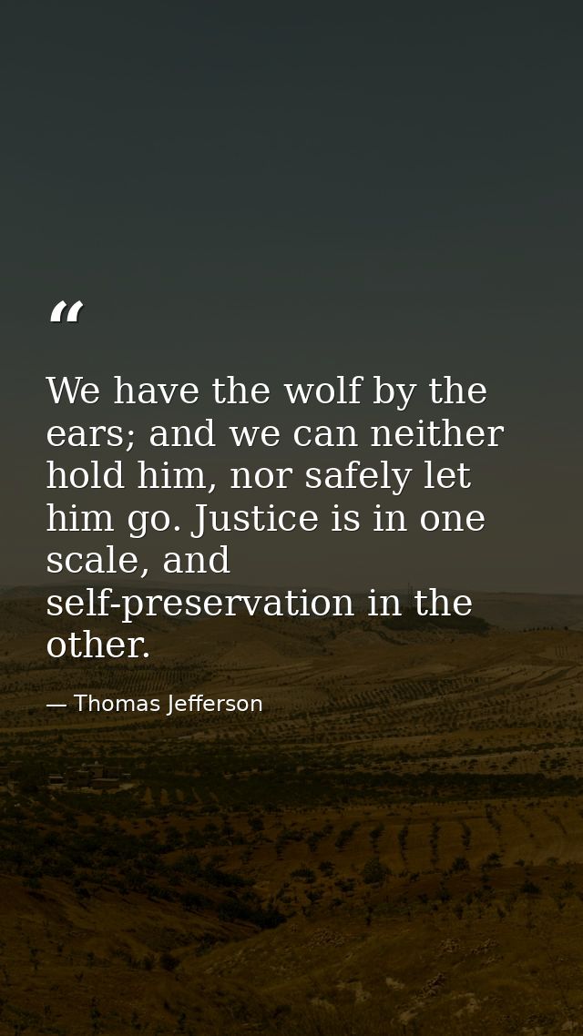 We have the wolf by the ears; and we can neither hold him, nor safely let him go. Justice is in one scale, and self-pres — Thomas Jefferson