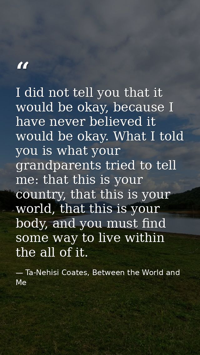 I did not tell you that it would be okay, because I have never believed it would be okay. What I told you is what your g — Ta-Nehisi Coates, Between the World and Me
