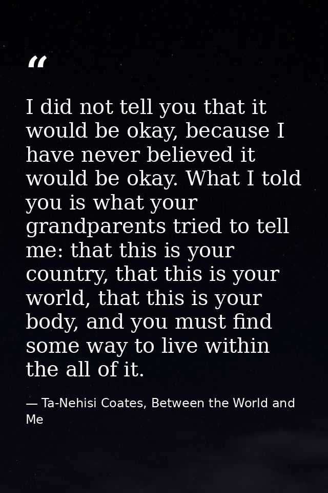 I did not tell you that it would be okay, because I have never believed it would be okay. What I told you is what your g — Ta-Nehisi Coates, Between the World and Me