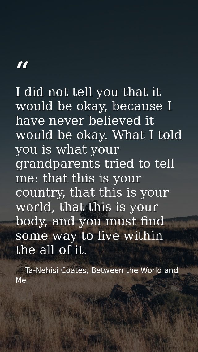 I did not tell you that it would be okay, because I have never believed it would be okay. What I told you is what your g — Ta-Nehisi Coates, Between the World and Me