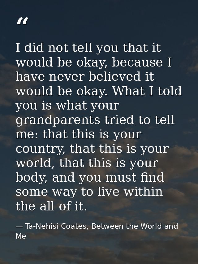 I did not tell you that it would be okay, because I have never believed it would be okay. What I told you is what your g — Ta-Nehisi Coates, Between the World and Me