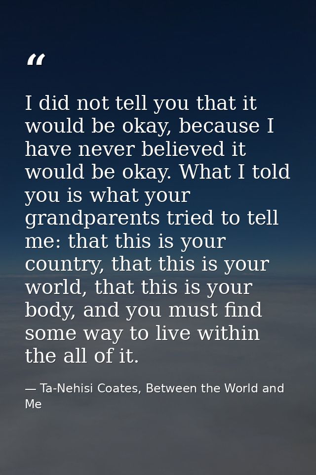 I did not tell you that it would be okay, because I have never believed it would be okay. What I told you is what your g — Ta-Nehisi Coates, Between the World and Me