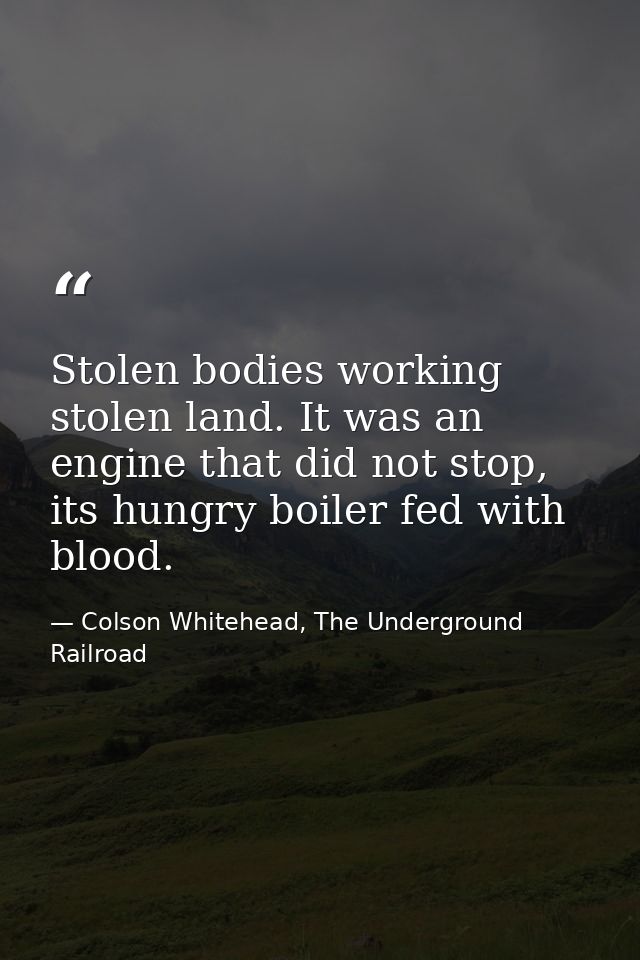 Stolen bodies working stolen land. It was an engine that did not stop, its hungry boiler fed with blood. — Colson Whitehead, The Underground Railroad