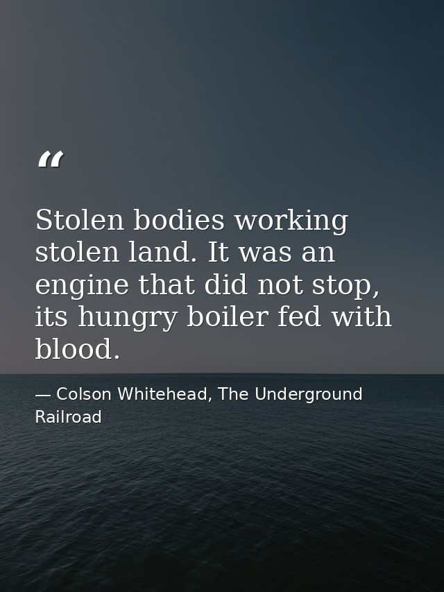 Stolen bodies working stolen land. It was an engine that did not stop, its hungry boiler fed with blood. — Colson Whitehead, The Underground Railroad
