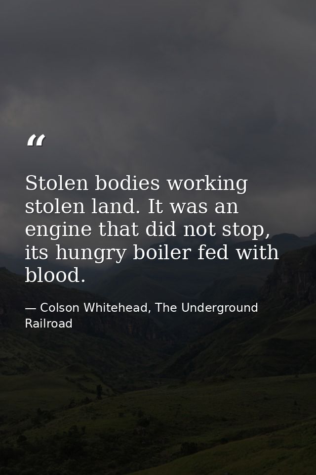 Stolen bodies working stolen land. It was an engine that did not stop, its hungry boiler fed with blood. — Colson Whitehead, The Underground Railroad