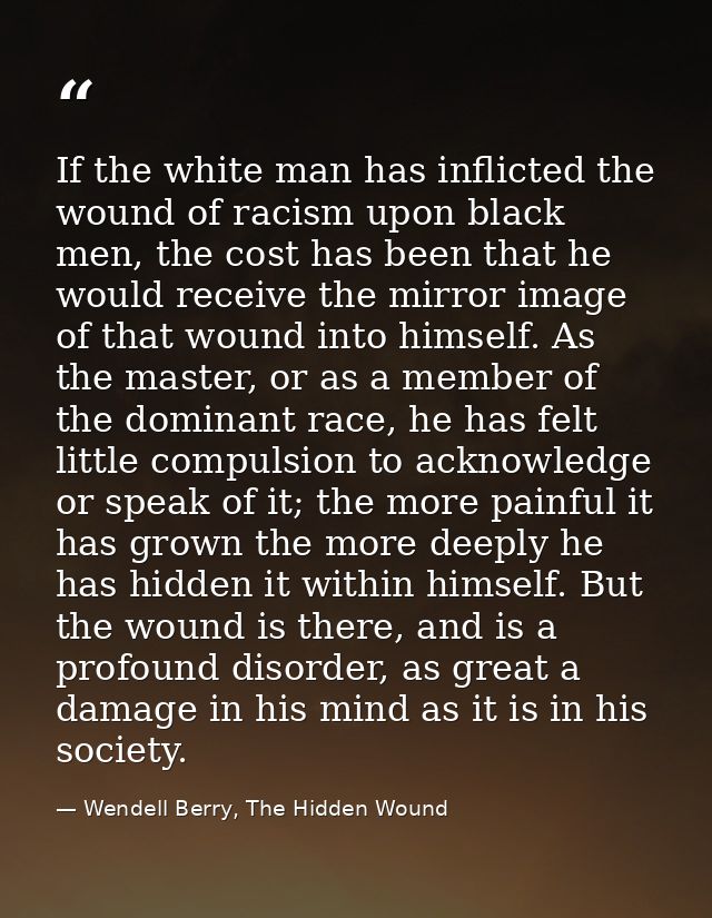 If the white man has inflicted the wound of racism upon black men, the cost has been that he would receive the mirror im — Wendell Berry, The Hidden Wound