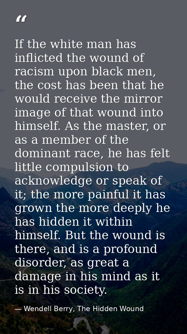 If the white man has inflicted the wound of racism upon black men, the cost has been that he would receive the mirror im — Wendell Berry, The Hidden Wound