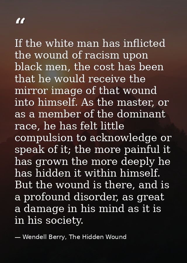 If the white man has inflicted the wound of racism upon black men, the cost has been that he would receive the mirror im — Wendell Berry, The Hidden Wound