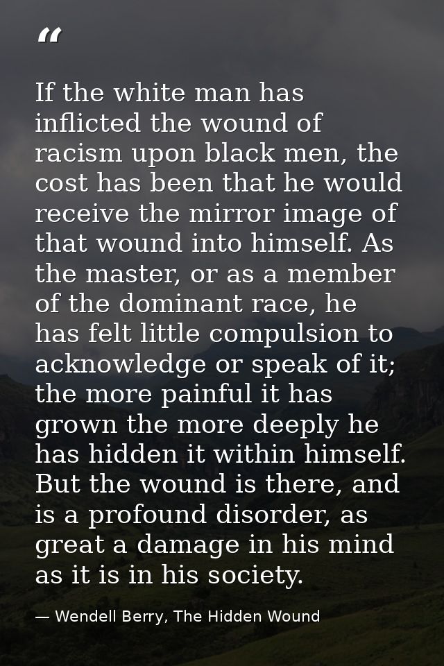 If the white man has inflicted the wound of racism upon black men, the cost has been that he would receive the mirror im — Wendell Berry, The Hidden Wound