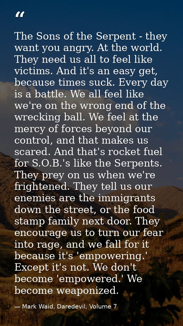 The Sons of the Serpent - they want you angry. At the world. They need us all to feel like victims. And it's an easy get — Mark Waid, Daredevil, Volume 7