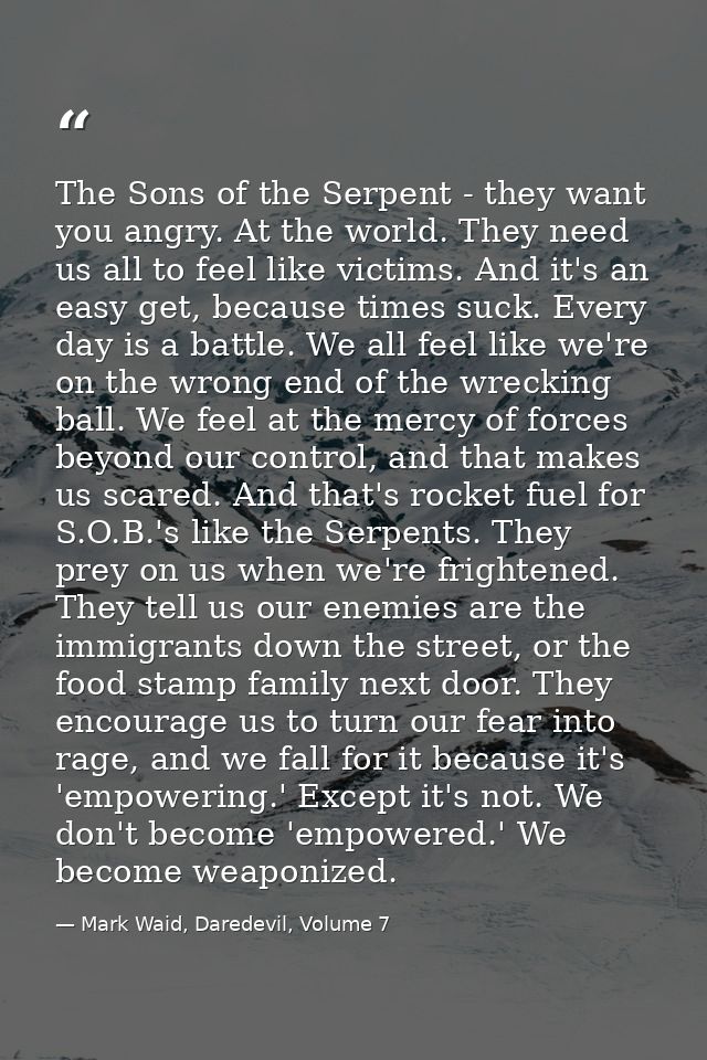 The Sons of the Serpent - they want you angry. At the world. They need us all to feel like victims. And it's an easy get — Mark Waid, Daredevil, Volume 7
