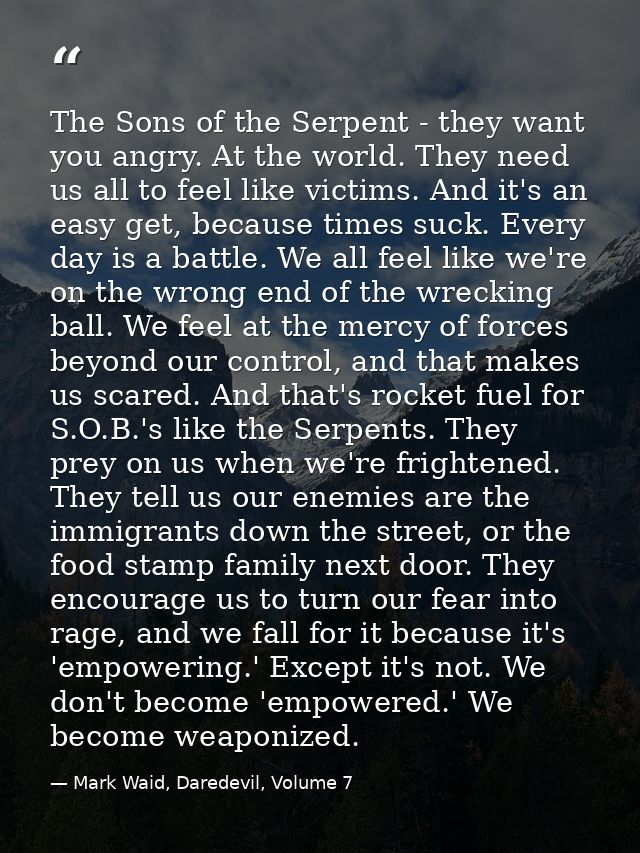 The Sons of the Serpent - they want you angry. At the world. They need us all to feel like victims. And it's an easy get — Mark Waid, Daredevil, Volume 7