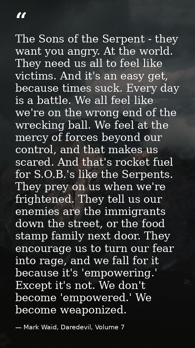 The Sons of the Serpent - they want you angry. At the world. They need us all to feel like victims. And it's an easy get — Mark Waid, Daredevil, Volume 7