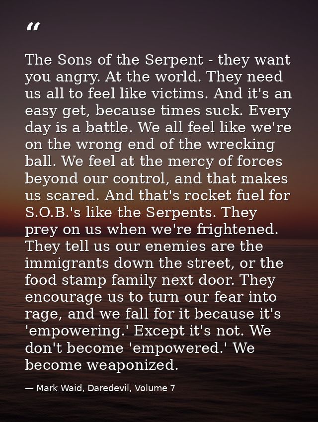 The Sons of the Serpent - they want you angry. At the world. They need us all to feel like victims. And it's an easy get — Mark Waid, Daredevil, Volume 7