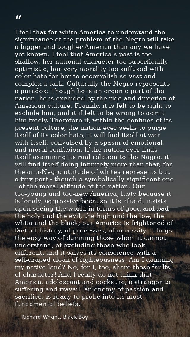 I feel that for white America to understand the significance of the problem of the Negro will take a bigger and tougher  — Richard Wright, Black Boy