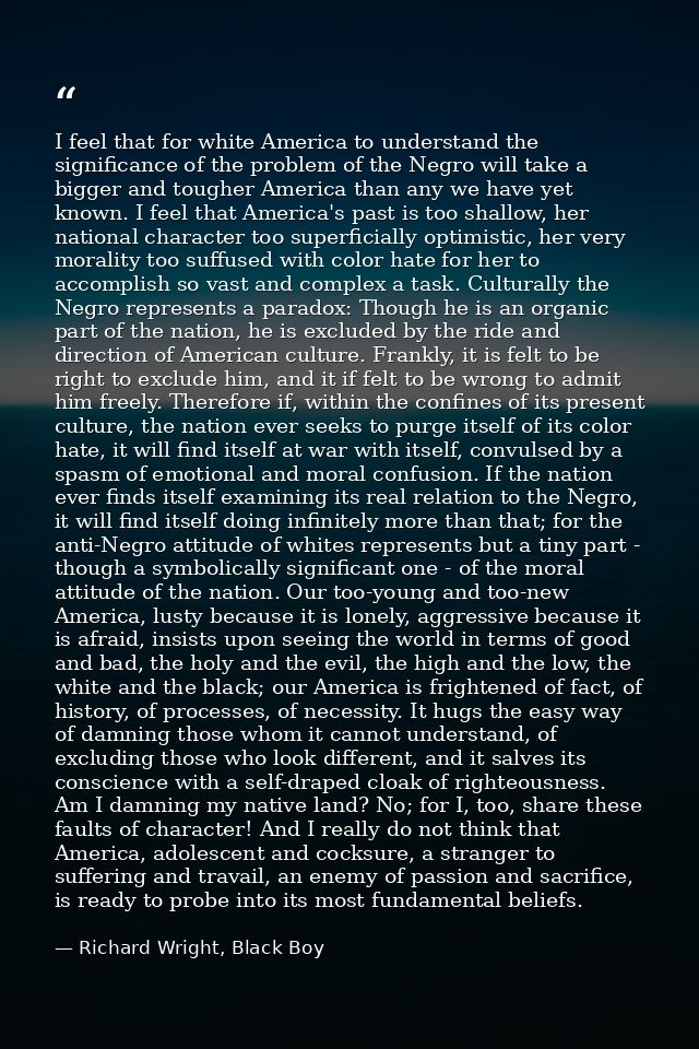 I feel that for white America to understand the significance of the problem of the Negro will take a bigger and tougher  — Richard Wright, Black Boy