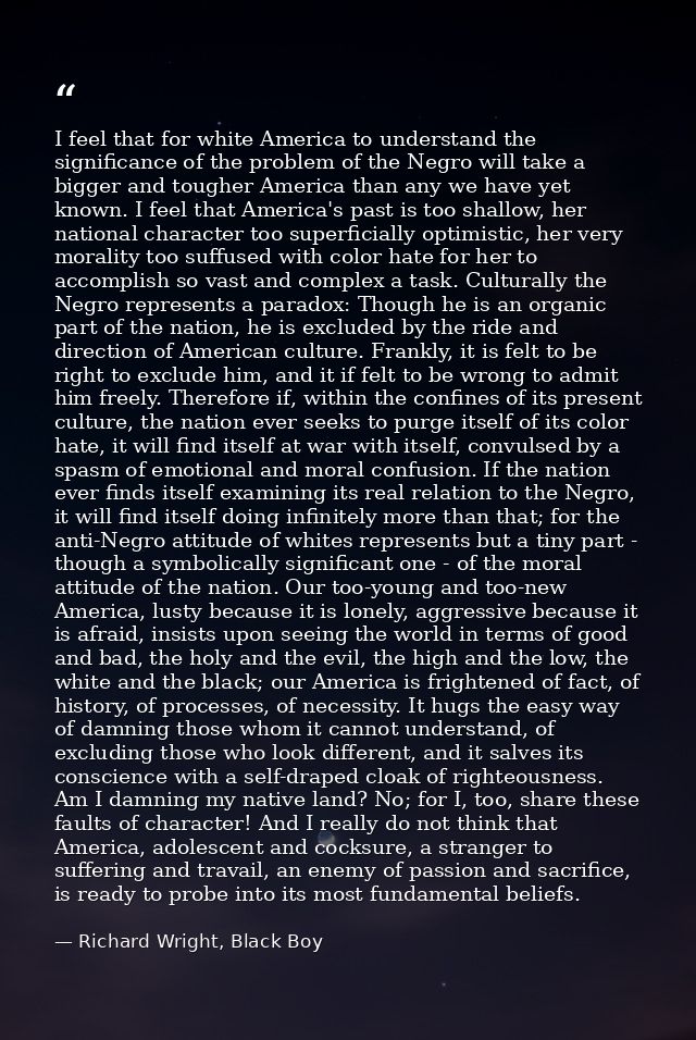 I feel that for white America to understand the significance of the problem of the Negro will take a bigger and tougher  — Richard Wright, Black Boy