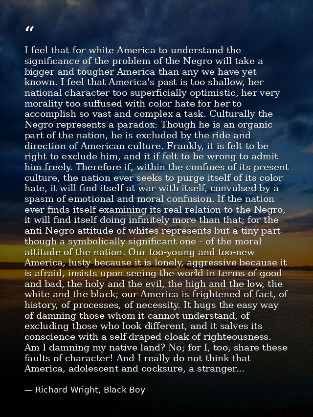 I feel that for white America to understand the significance of the problem of the Negro will take a bigger and tougher  — Richard Wright, Black Boy