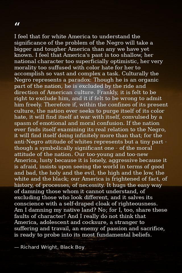 I feel that for white America to understand the significance of the problem of the Negro will take a bigger and tougher  — Richard Wright, Black Boy