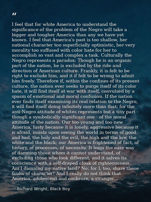 I feel that for white America to understand the significance of the problem of the Negro will take a bigger and tougher  — Richard Wright, Black Boy