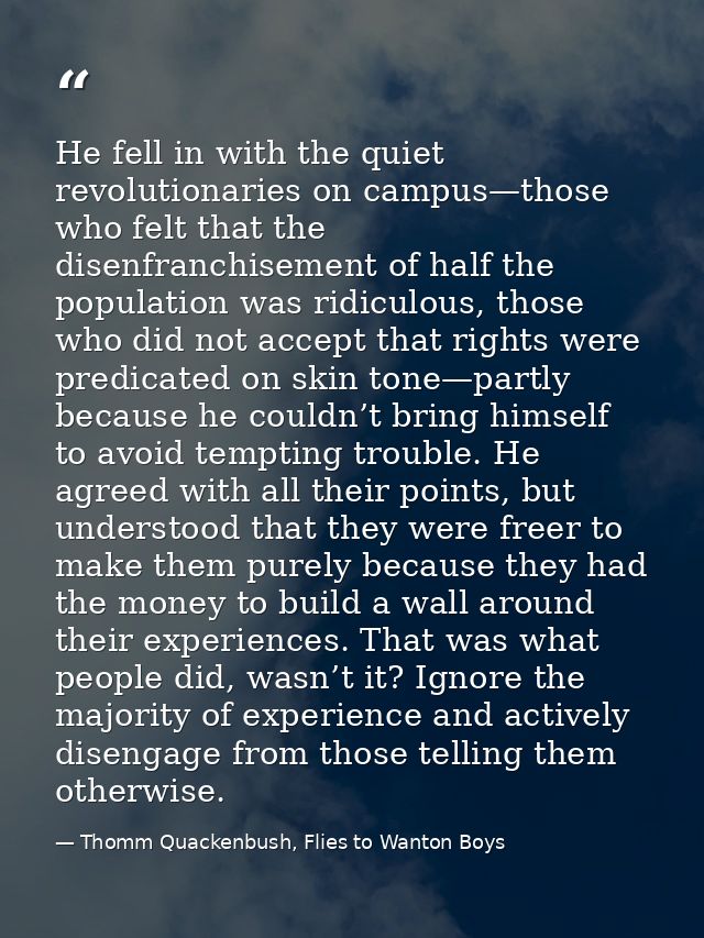He fell in with the quiet revolutionaries on campus—those who felt that the disenfranchisement of half the population wa — Thomm Quackenbush, Flies to Wanton Boys