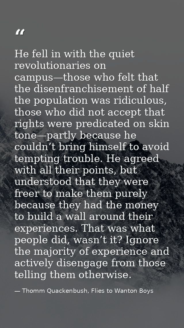 He fell in with the quiet revolutionaries on campus—those who felt that the disenfranchisement of half the population wa — Thomm Quackenbush, Flies to Wanton Boys