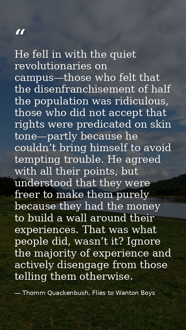 He fell in with the quiet revolutionaries on campus—those who felt that the disenfranchisement of half the population wa — Thomm Quackenbush, Flies to Wanton Boys