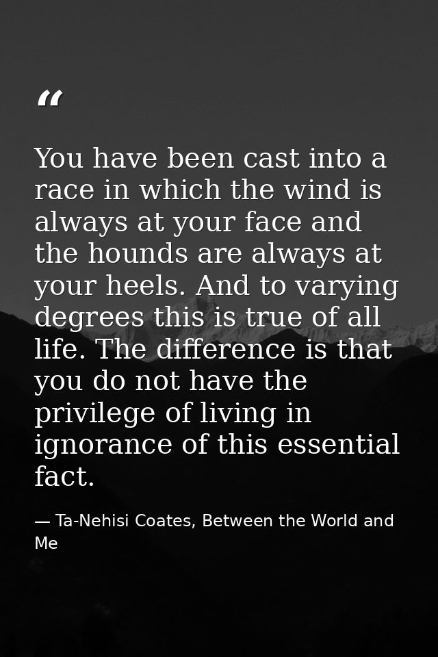 You have been cast into a race in which the wind is always at your face and the hounds are always at your heels. And to  — Ta-Nehisi Coates, Between the World and Me
