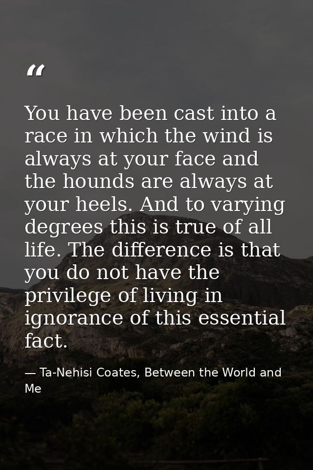 You have been cast into a race in which the wind is always at your face and the hounds are always at your heels. And to  — Ta-Nehisi Coates, Between the World and Me