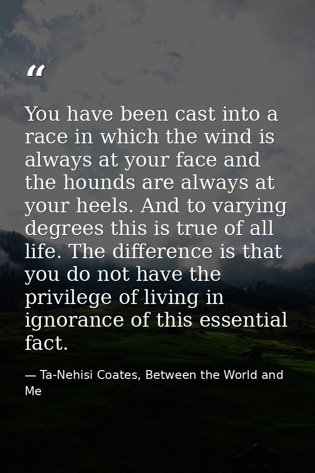 You have been cast into a race in which the wind is always at your face and the hounds are always at your heels. And to  — Ta-Nehisi Coates, Between the World and Me