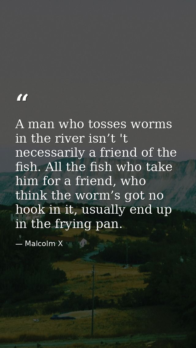 A man who tosses worms in the river isn’t 't necessarily a friend of the fish. All the fish who take him for a friend, w — Malcolm X