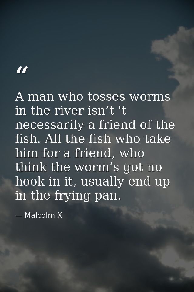 A man who tosses worms in the river isn’t 't necessarily a friend of the fish. All the fish who take him for a friend, w — Malcolm X