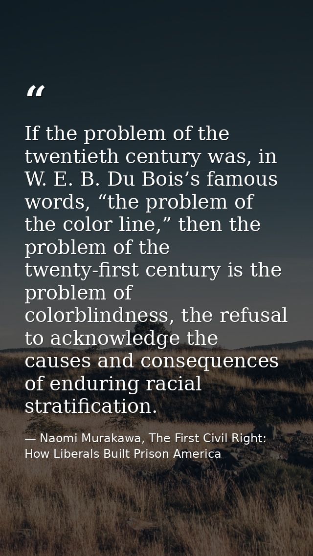 If the problem of the twentieth century was, in W. E. B. Du Bois’s famous words, “the problem of the color line,” then t — Naomi Murakawa, The First Civil Right: How Liberals Built Prison America