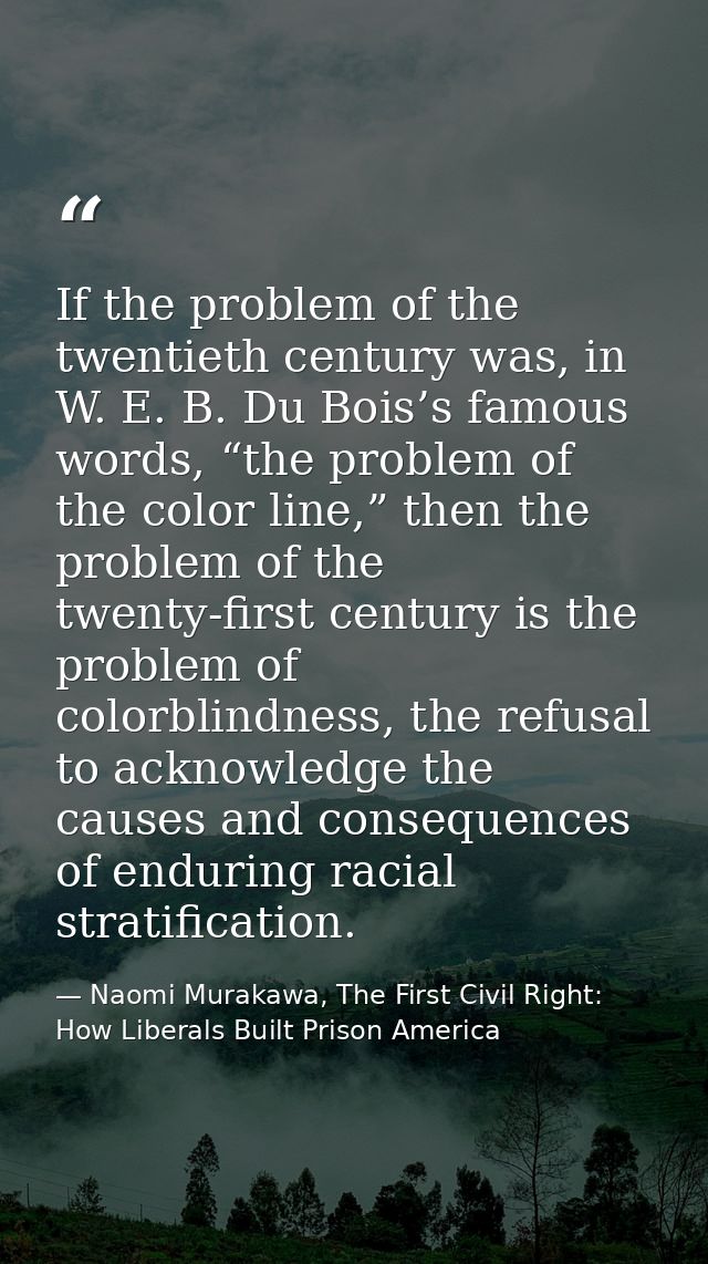 If the problem of the twentieth century was, in W. E. B. Du Bois’s famous words, “the problem of the color line,” then t — Naomi Murakawa, The First Civil Right: How Liberals Built Prison America
