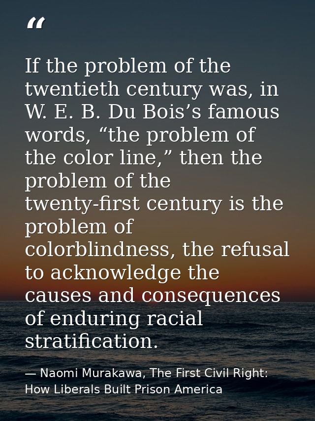 If the problem of the twentieth century was, in W. E. B. Du Bois’s famous words, “the problem of the color line,” then t — Naomi Murakawa, The First Civil Right: How Liberals Built Prison America