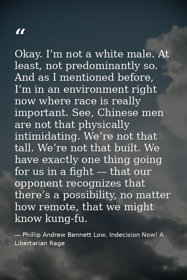 Okay. I’m not a white male. At least, not predominantly so. And as I mentioned before, I’m in an environment right now w — Phillip Andrew Bennett Low, Indecision Now! A Libertarian Rage