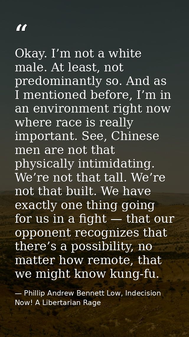 Okay. I’m not a white male. At least, not predominantly so. And as I mentioned before, I’m in an environment right now w — Phillip Andrew Bennett Low, Indecision Now! A Libertarian Rage