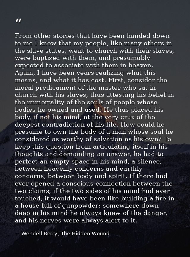 From other stories that have been handed down to me I know that my people, like many others in the slave states, went to — Wendell Berry, The Hidden Wound