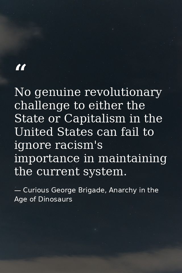 No genuine revolutionary challenge to either the State or Capitalism in the United States can fail to ignore racism's im — Curious George Brigade, Anarchy in the Age of Dinosaurs