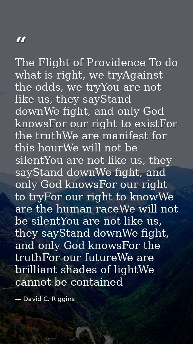 The Flight of Providence To do what is right, we tryAgainst the odds, we tryYou are not like us, they sayStand downWe fi — David C. Riggins