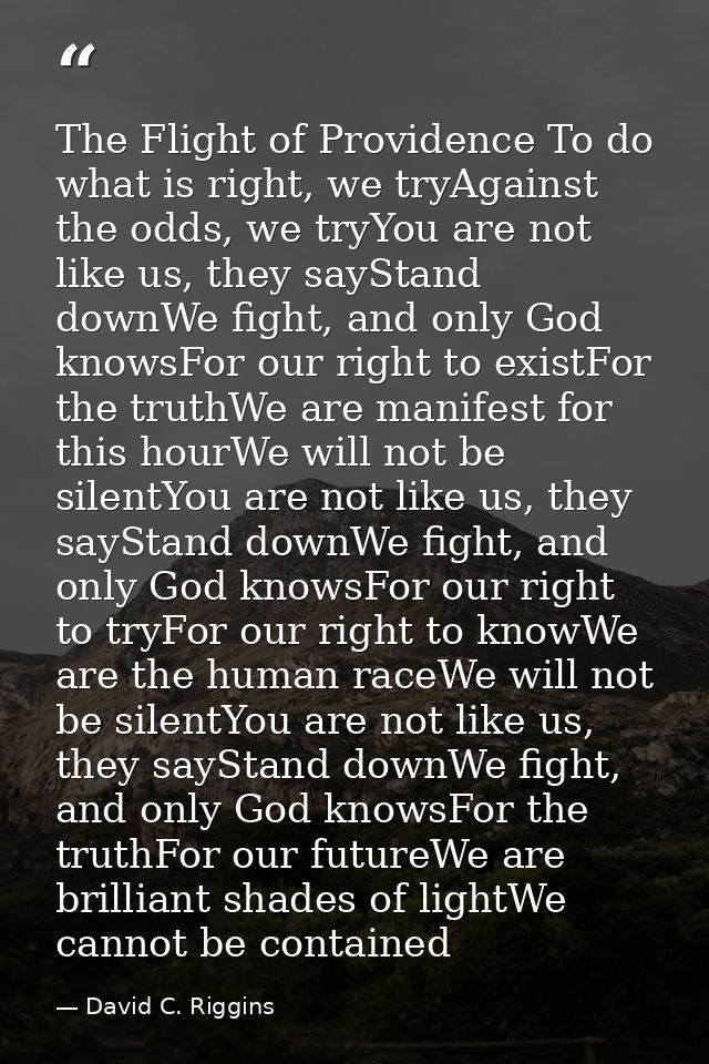 The Flight of Providence To do what is right, we tryAgainst the odds, we tryYou are not like us, they sayStand downWe fi — David C. Riggins
