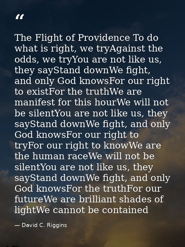 The Flight of Providence To do what is right, we tryAgainst the odds, we tryYou are not like us, they sayStand downWe fi — David C. Riggins