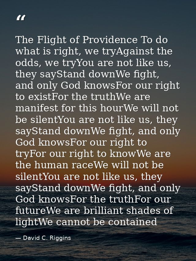 The Flight of Providence To do what is right, we tryAgainst the odds, we tryYou are not like us, they sayStand downWe fi — David C. Riggins